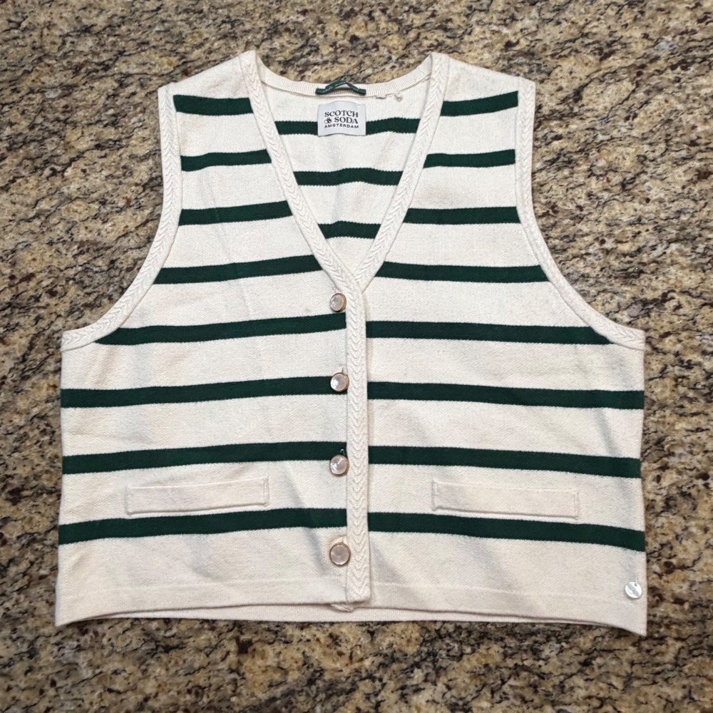 Scotch & Soda Amsterdam L Striped Knit Sweater Vest Cream Green Button Front ws